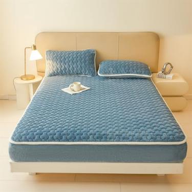 Imagem de Capa de colchão, acolchoado, de lã grossa, luxuosa, protetor de colchão de flanela de veludo, antiderrapante, cobertura total com elástico, macio, fofo, tamanho Queen, fácil de cuidar, azul - 2 | 180