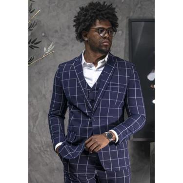 Imagem de Terno Slim Masculino Poliviscose Azul Marinho Xadrez Jordhan, Marinho,