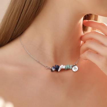 Imagem de Colar de prata para mulheres, retrô, pedra natural, constelação, zodíaco, pingente de horóscopo, ajustável, de aço inoxidável, delicado, joia para homens do zodíaco, presentes do dia a dia, 17.8+2