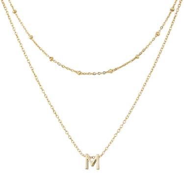 Imagem de 1 colar com letra inicial e 1 corrente curta, moderno banhado a ouro, colar com inicial e pingente minúsculo para mulheres (M)