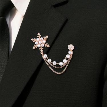 Imagem de Broche de lapela de floco de neve de pérola, crachá de corsage com corrente de pendurar, broches decorativos de colarinho para mulheres, homens, alfinetes e pinos de terno de terno de ouro