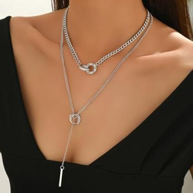 Imagem de Colar gargantilha de corrente grossa em camadas para mulheres, pingente geométrico, moderno, colar em Y, joia delicada, One Size, Metal, Sem Pedra Preciosa