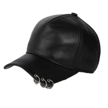 Imagem de Chapéus femininos de couro verdadeiro hip pop três anéis de metal punk locomotiva Chapeau Girl Show rabo de cavalo, Estilo 2, 56 59 cm