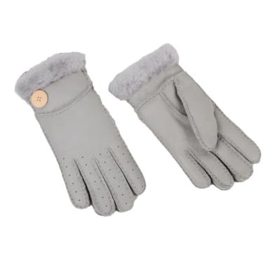 Imagem de Luvas masculinas femininas de inverno para uso ao ar livre, quente, espessa, térmica, retalhos, luvas de couro genuíno, cinza, tamanho único