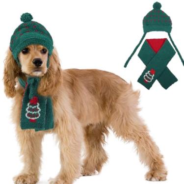 Imagem de OUOBOB Conjunto de chapéu e cachecol de Papai Noel, roupa de Natal para cães, roupa de inverno de lã quente para animais de estimação com cachecol de árvore de Natal, chapéu pompom com orifícios de
