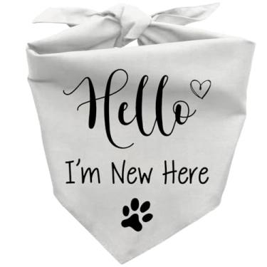 Imagem de Hello I'm New Here Bandana de cachorro, adereço para foto de festa revelando novo filhote, presente fofo para dono de cachorro, cachecol triangular para animais de estimação