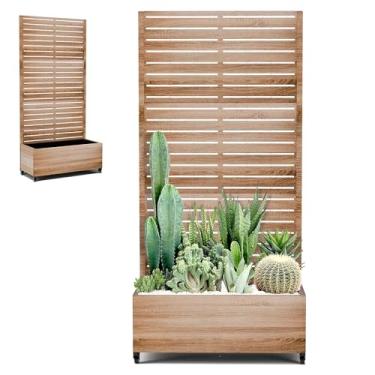 Imagem de PolarcoForgeco Caixa de vaso de metal com tela de privacidade de treliça, canteiros de jardim elevados ao ar livre com rodas e orifícios de drenagem (89 cm C, grão de carvalho marrom)