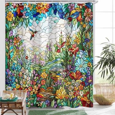 Imagem de Neasow Cortina de chuveiro de vitral Boho, design boêmio colorido de flores silvestres, decoração de banho de tecido floral artístico para banheiro, 183 x 183 cm