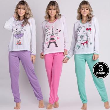 Imagem de Kit 3 Pijama Malha Vekyo Feminino Longo Inverno Blusa Manga Longa e Ca