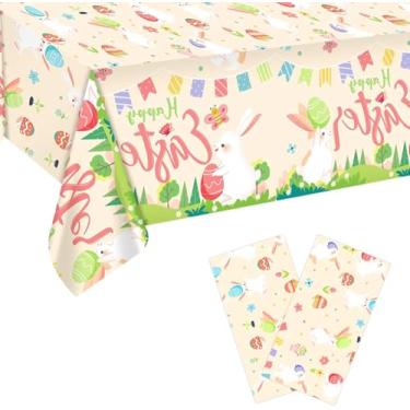 Imagem de 2 peças de toalha de mesa de Páscoa, 260 x 130 cm, toalha de mesa de plástico para festa de Páscoa, capa de mesa retangular, capa de mesa de primavera, ovos e coelhos, corredor para suprimentos