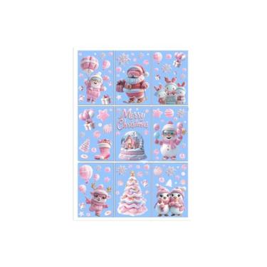 Imagem de 1 conjunto contém 9 decalques de janela rosa com flocos de neve de PVC e cenas de inverno, perfeitos para festas festivas e decorações de casa.