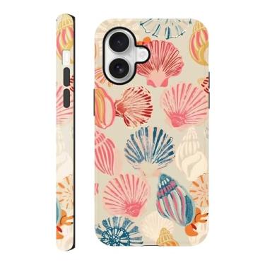 Imagem de Capa compatível com iPhone 16 Plus de 6,7 polegadas, capa de telefone de verão com arte de concha do mar rosa, capa rígida híbrida protetora resistente a arranhões de 2 camadas para meninas mulheres e