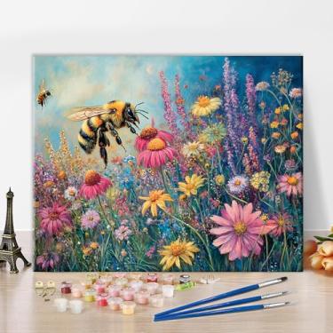 Imagem de Pintura por números para adultos, atividades de abelha em plantas selvagens, desenho de flores para iniciantes, pintura em tela, faça você mesmo, kits de pintura a óleo para decoração de parede de