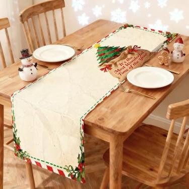 Imagem de Caminho de mesa de Natal 33 x 91 cm - Decoração de mesa de jantar de cozinha de inverno impressa vintage árvore de Natal em saco corredor para decoração de casa festiva de férias