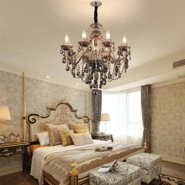 Imagem de Lustre de cristal prateado europeu para velas, luxuoso, para sala de estar, restaurante, quarto, hotel, villa, loja de roupas, salão de beleza, café, bar, karaokê, luminária pendente de LED