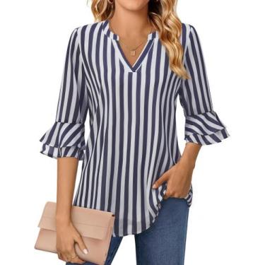Imagem de Blusa feminina Uhiger Business Casual com decote em V, manga 3/4, azul