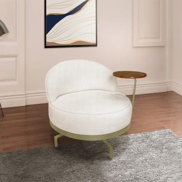 Imagem de Poltrona Sala De Estar Pés Em Ferro Champagne Giratória Braço Madeira Maciça 86cm Banff Bouclê Off White