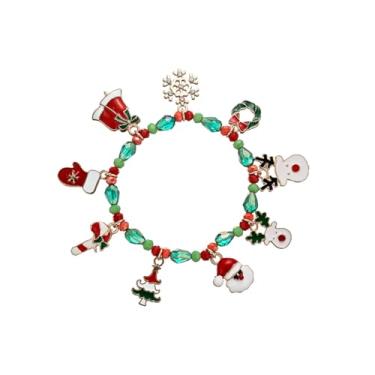 Imagem de Cykdohy Pulseira elástica de Natal para mulheres, corrente de contas de cristal vermelho e verde, árvore de Papai Noel, rena, sino de floco de neve, guirlanda de bengala doce, berloque, pulseira