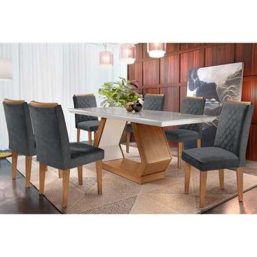 Imagem de Sala De Jantar Completa Alvorada Tampo Madeirado C- Vidro Canto Reto 180x90cm E 6 Cadeiras Jade Imbuia-off White - Linho Grafite - Rufato