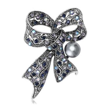 Imagem de RLHRNDE Broche de laço de strass para mulheres vintage brilhante grande laço pérola lapela broche elegante cristal laço corpete para vestido, terno, camisa, acessórios de roupas, casamento