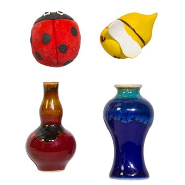 Imagem de SIOALCY Mini ímãs de vaso de cerâmica feitos à mão para geladeira, vaso de plantas pequenas 3D fofo para cozinha, geladeira, quadro-negro, decoração de armário de escritório, 2 vasos, 1 abelha e 1