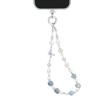 Imagem de CinchWrist Co. Pulseira para celular, pulseira de telefone pérola estrela azul com clipe de metal seguro | Cordão antiqueda para telefones celulares | Compatível com todos os modelos de iPhone e