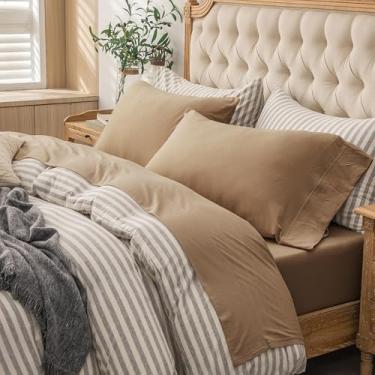 Imagem de PURE ERA Conjunto de lençóis de malha jersey 4 peças 100% algodão super macio confortável respirável cabe em colchões de até 50,8 cm bolso extra profundo (marrom caramelo sólido, Cal King)