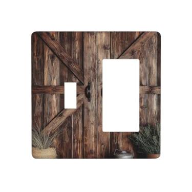 Imagem de VGHOKO Capas de tomada decorativas com porta de celeiro rústica vintage design de textura de madeira desgastada 2 gangues 1 gangue placa de parede interruptor de interruptor de interruptor de luz