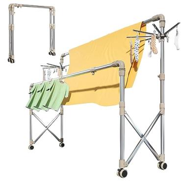 Imagem de EESCZVGBDX Rack de secagem de aço inoxidável dobrável, prateleiras de secagem de 2 polos/3 polos, suporte extensível para secador, clipes de meia, para roupas, lençóis, escorredor móvel com rodízios
