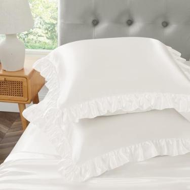 Imagem de Eychei Conjunto de 2 fronhas brancas com babados europeus, 66 x 66 cm, fronhas de cetim para cabelo e pele, fronha de seda com fecho de envelope, fronha com babados antirugas para sofá, cama