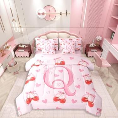Imagem de Conjunto de cama solteiro com letra inicial de 7 peças, laço kawaii, monograma, estilo princesa, inclui edredom, conjunto de lençol, fronhas e fronhas, decoração de quarto de coração fofo para amantes