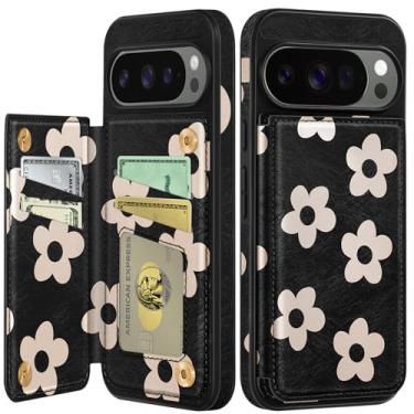 Imagem de Shorogyt Capa carteira para Google Pixel 10/Pixel 10Pro com suporte para cartão - Design de flor preta com suporte para fecho magnético traseiro Flip Folio Capas de telefone de couro para Pixel 10