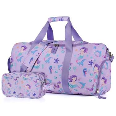 Imagem de Vipdeal Bolsa infantil para viagem, bolsas grandes de fim de semana com bolsa de higiene infantil com compartimento para sapatos de mão, Roxo sereia, Bolsa infantil com conjunto de bolsa de higiene