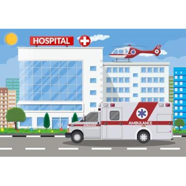 Imagem de Fmarui 1,5 x 1,2 m desenho animado hospital pano de fundo estrada céu sol árvore carro e helicóptero fundos tema médico enfermeira decoração festa aniversário banner photoshoot adereços