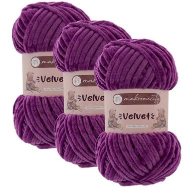 Imagem de Makromecity 3 novelos de fio de veludo 100 g (3,5 oz) / 120 m (132 jardas) fio de chenille premium 100% poliéster, ultra macio, antibolinhas, lavável na máquina, 30 cores para tricô e crochê (roxo, 3