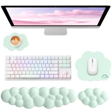 Imagem de Sushret Cloud Apoio de Pulso para Teclado de Computador, Conjunto 4 em 1 com Espuma de Memória e Couro, Mouse Pad com Suporte Ergonômico para Braço e Palma, Ideal para Jogos e Trabalho