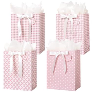 Imagem de Crisky Sacos de presente rosa tamanho médio com alças, papel de seda e fita - pacote com 4 23 cm - Sacos de presente médios para mulheres, aniversário, Natal, casamento, chá de panela, formatura e