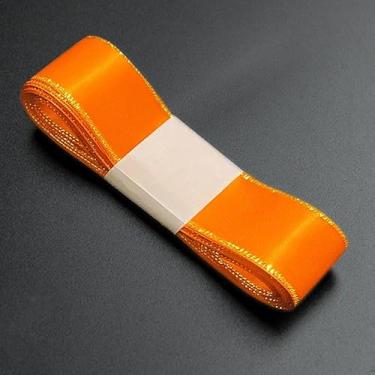 Imagem de Fita de cetim com bordas douradas de 5,46 metros para embrulho de tecido de 2,7 cm para buquê de casamento, laços florais, artesanato, festa, decoração de casa, laranja