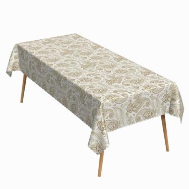 Imagem de ggaimwf Toalha de mesa retangular estilo paisley, vintage, 152 x 250 cm, branca, dourada, boêmia, lavável, durável, para jantar, banquete, jardim, decoração de pátio