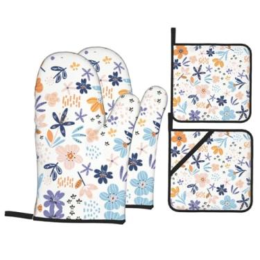 Imagem de Conjunto de luvas de cozinha estampadas com suportes de tampa, luvas de forno resistentes ao calor para manusear panelas quentes, grelhar, churrascos, kit de 4 peças.