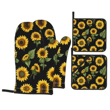 Imagem de Girassol - Conjunto de luvas de cozinha estampadas com suportes de tampa, luvas de forno resistentes ao calor para manusear panelas quentes, grelhar, churrascos, kit de 4 peças.
