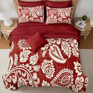 Imagem de Conjunto de edredom King Size com fronhas e fronhas, roupa de cama floral Paisley vermelha e branca, cama clássica para todas as estações em uma bolsa com lençol de cima e lençol de baixo