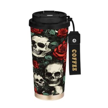 Imagem de STAYTOP Caneca de café de viagem com isolamento de caveiras e rosas de 500 ml, copo de café reutilizável de aço inoxidável com tampa flip à prova de vazamento à prova de vazamento para escritório