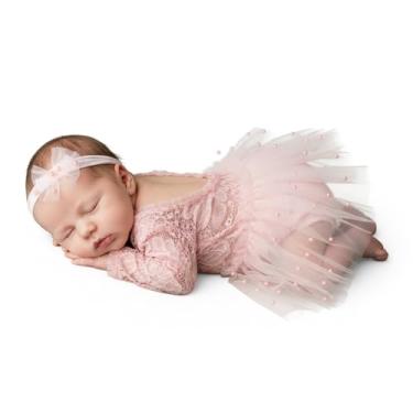 Imagem de Yiemoge 3 peças de roupas para fotografia de tutu para recém-nascidos rosa, saia de tule de renda com faixa de cabeça, adereços de fotos para fotos para bebês e roupas de fantasia