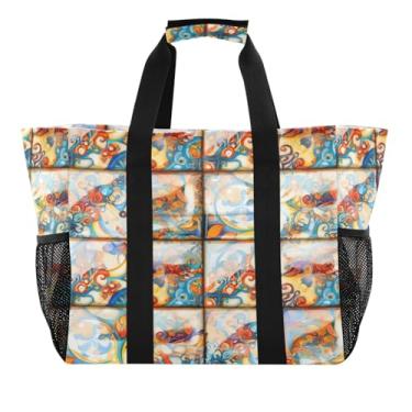 Imagem de Kigai Sacolas de mercearia reutilizáveis, colorido estilo mediterrâneo, azulejos, grande, sacola de compras, resistente à água, bolsa de piscina dobrável para roupas, sapatos e piqueniques