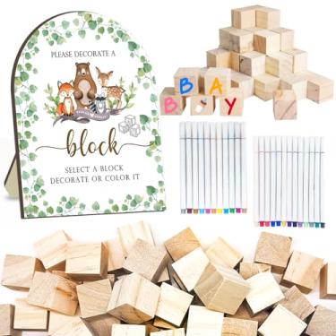 Imagem de Kit de jogos de chá de bebê da floresta, decoração de animais e bebês, jogos para bebês da floresta com 50 blocos de madeira em branco, 24 marcadores de tinta acrílica e placa de madeira, placa de