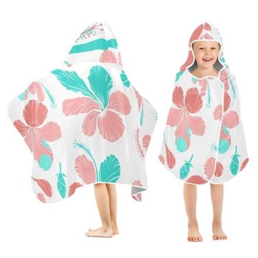 Imagem de Burbuja Toalha de banho com capuz de flores de hibisco para crianças, toalha de praia de pelúcia macia absorvente para meninas e meninos 3-10 anos, 61 x 127 cm