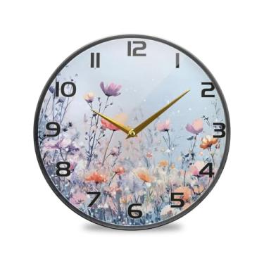 Imagem de YETTASBIN Relógio de parede acrílico de flores silvestres em aquarela – Silencioso, sem tique-taque, operado por bateria, relógio redondo decorativo criativo para cozinha, sala de estar, banheiro
