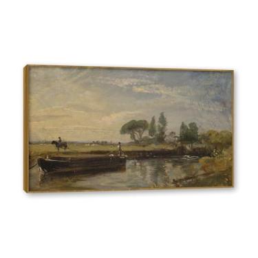 Imagem de Moldura de teca. Arte em tela romantismo estilo constável, (sem título 60), pintura de paisagem inglesa emoldurada, decoração de parede elegante para sala de estar escritório. 30 x 48 cm - 11,8 x 18,8