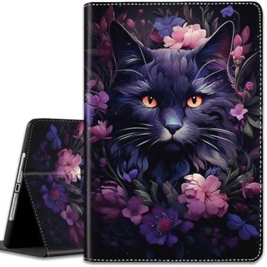 Imagem de Capa para iPad (A16) 11ª geração 11 polegadas 2025 / iPad 10ª geração 10,9 polegadas 2022, capa fina com suporte inteligente multi-ângulo com função hibernar/despertar automática, gato e flor roxa